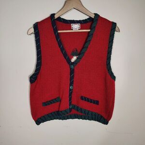 Vtg 90s Southwestern Knit Sweater Vest Red Geometric Aztec Cottage Cabin Large